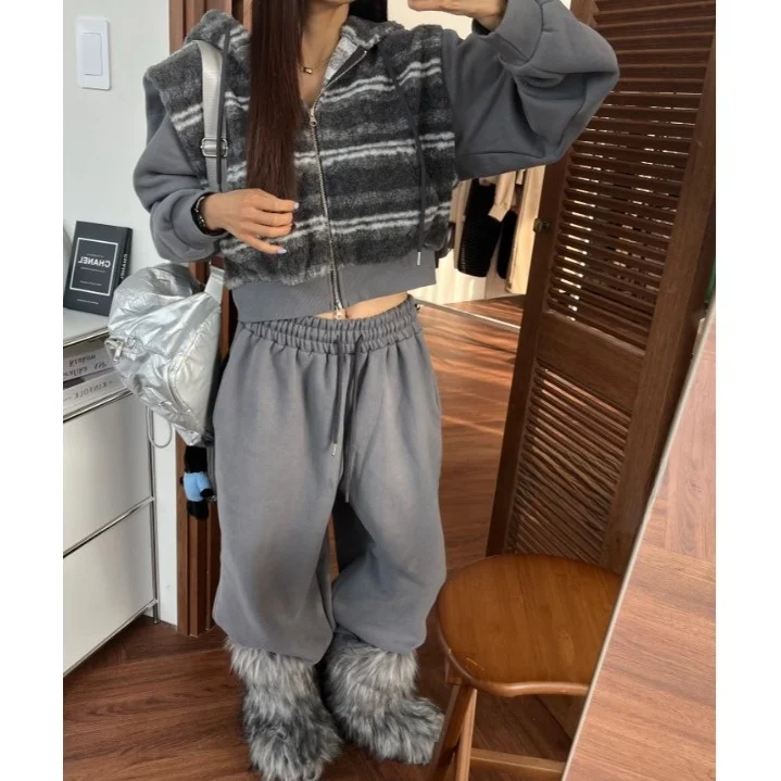 

Korean Chic Autumn Winter Thiened ort Sweatirt Top High Waist Wide Leg Pants Two Piece Set Women's Faion Ensemble