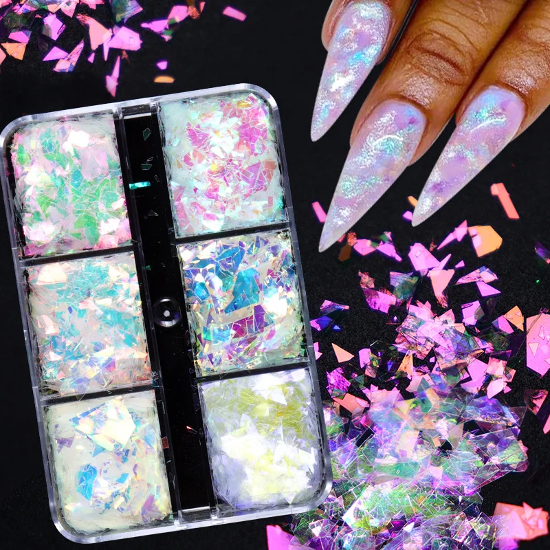 6 Grids Aurora Iridescent Opal Nail Glitters Flakes Chrome Powder Reflective Butterfly Star Nail Sparkles Gel Polish Decoration