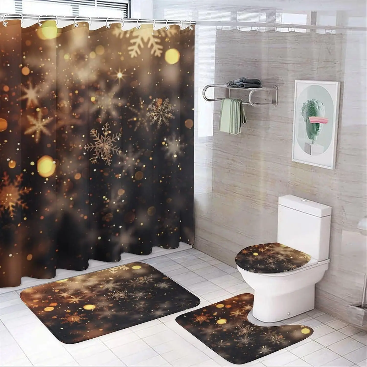 

4Pcs Fantasy Snowflakes Shower Curtain Set with Toilet Lid Cover U-Shaped Mat and Non-Slip Rugs, Classic Sparkling Star Snow
