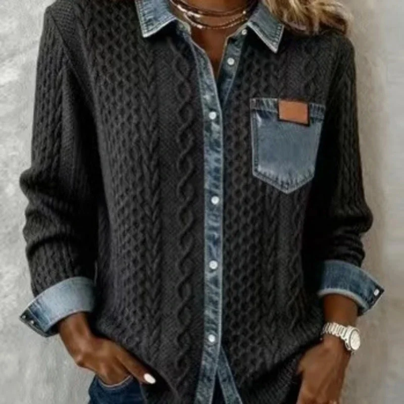 Women Knit Denim Splicing Shirt, Jacket Casual Long Sleeve Button, Down Tops Autumn Winter Loose, Outerwear Fashion Streetwear