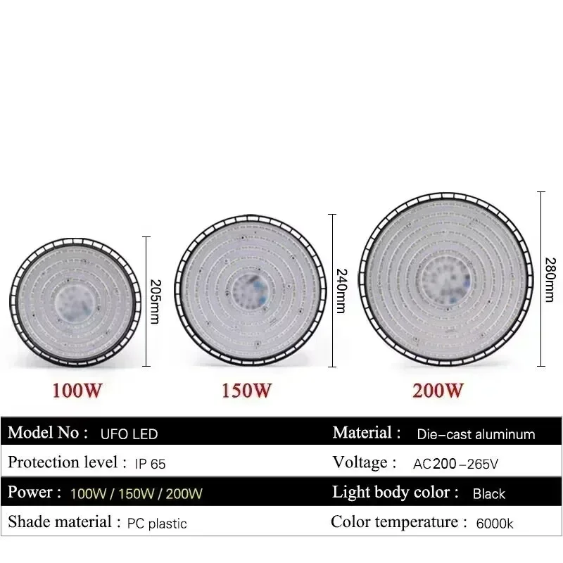 Super Bright 100/150/200W UFO LED High Bay Lights Waterproof Commercial Industrial Market Warehouse Garage Workshop Garage Lamps