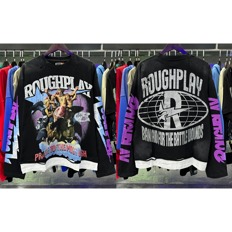 

Men Women Streetwear Rough Play T-shirt Hip-hop American Fashion Print Broken Hole Wash Old Long Sleeve ROUGHPLAY Top Tee