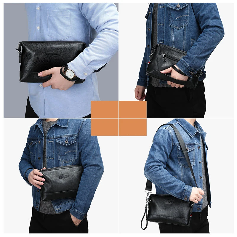 Men\'s Clutch Bag Genuine Leather Wrist Bag Multifunctional Shoulder Messenger Bag Soft Cow Leather Fashion Men Bag Clutch Wallet