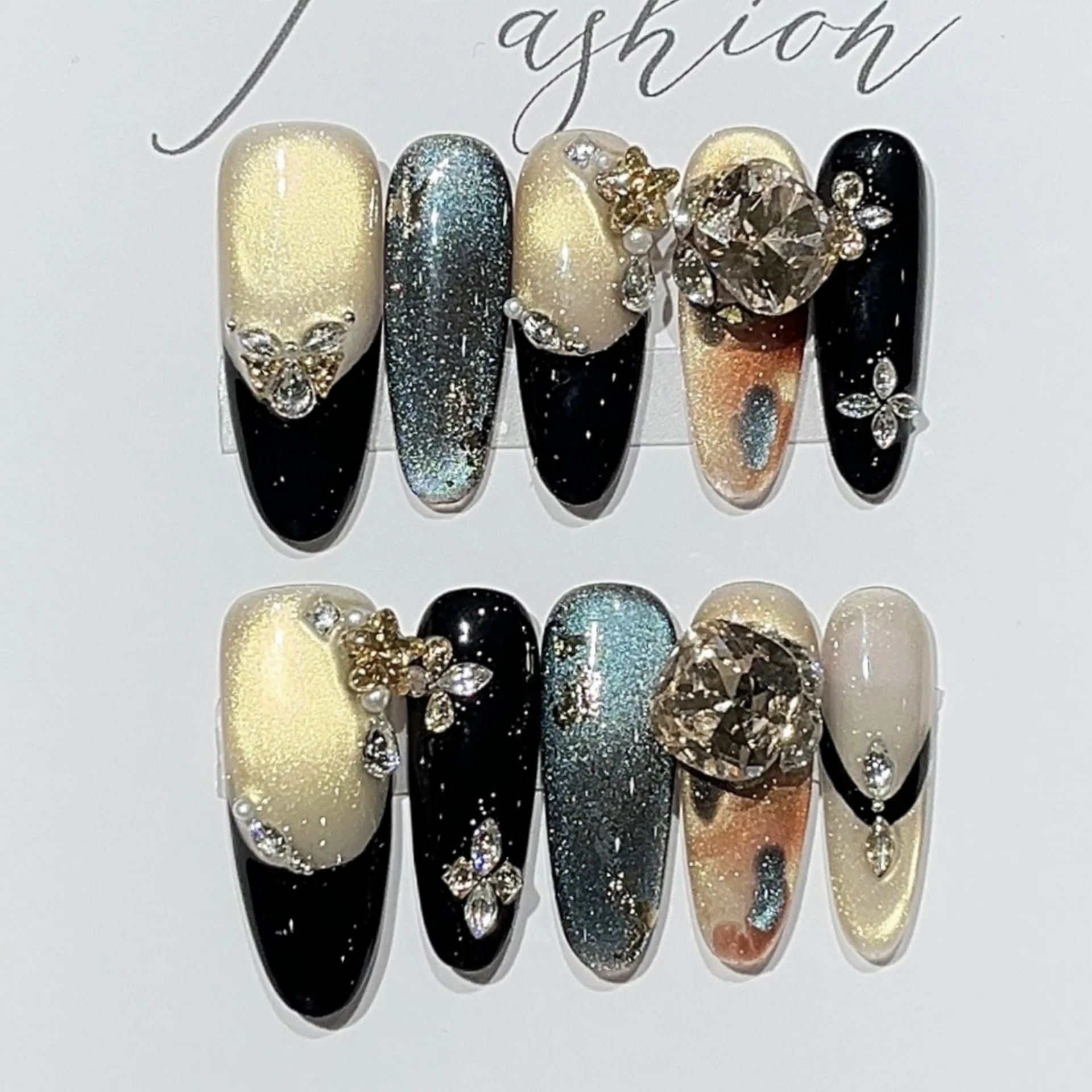 

10 шт., накладные ногти ручной работы «кошачий глаз», черные французские кончики, длинные овальные накладные ногти, съемные блестящие бриллиантовые синие накладные ногти