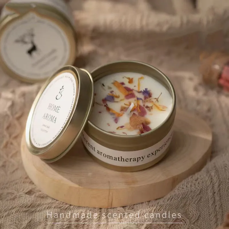 1PC Crystal Stone Aromatherapy Candle Plant Essential Oil Soybean Iron Can Candle Dry Flower