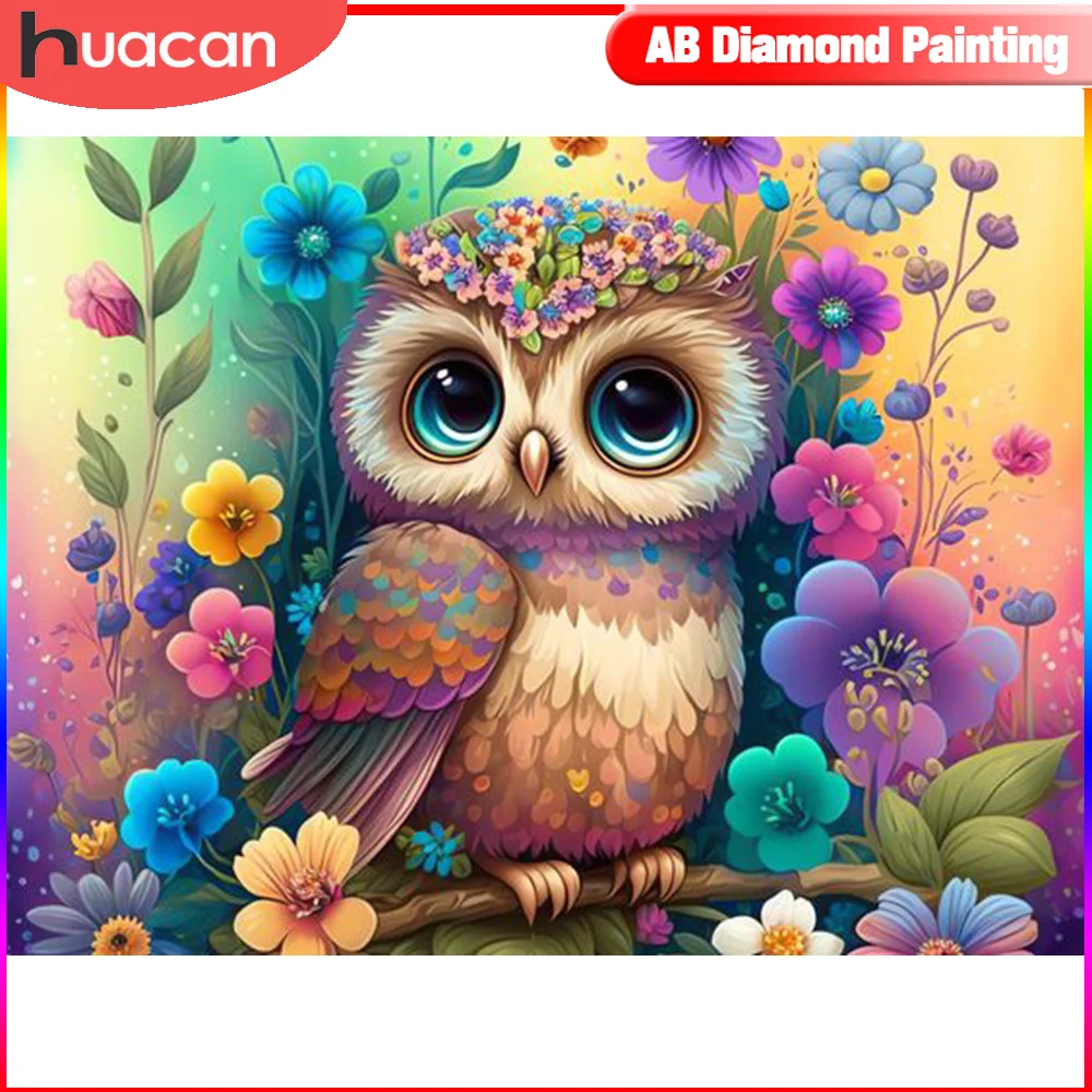 

HUACAN 5D Diy Diamond Painting Complete Kit Animal Owl Full Square Round Mosaic Flower Home Decor Friend Gift