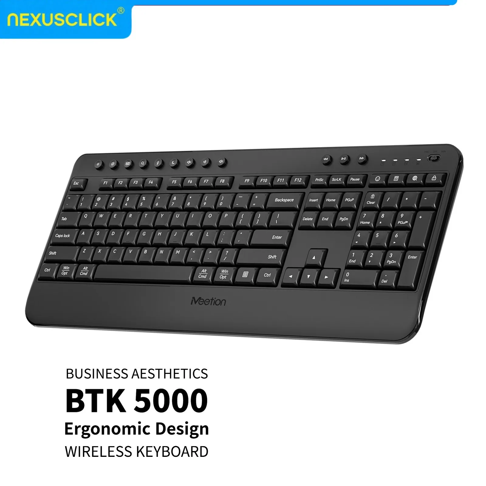 Teclado Sem Fio Silencioso NexusClick 2.4G, Ultrafino Ergonômico com Teclas Multimídia, Alimentado por Pilhas AAA para Computador, Casa e Escritório