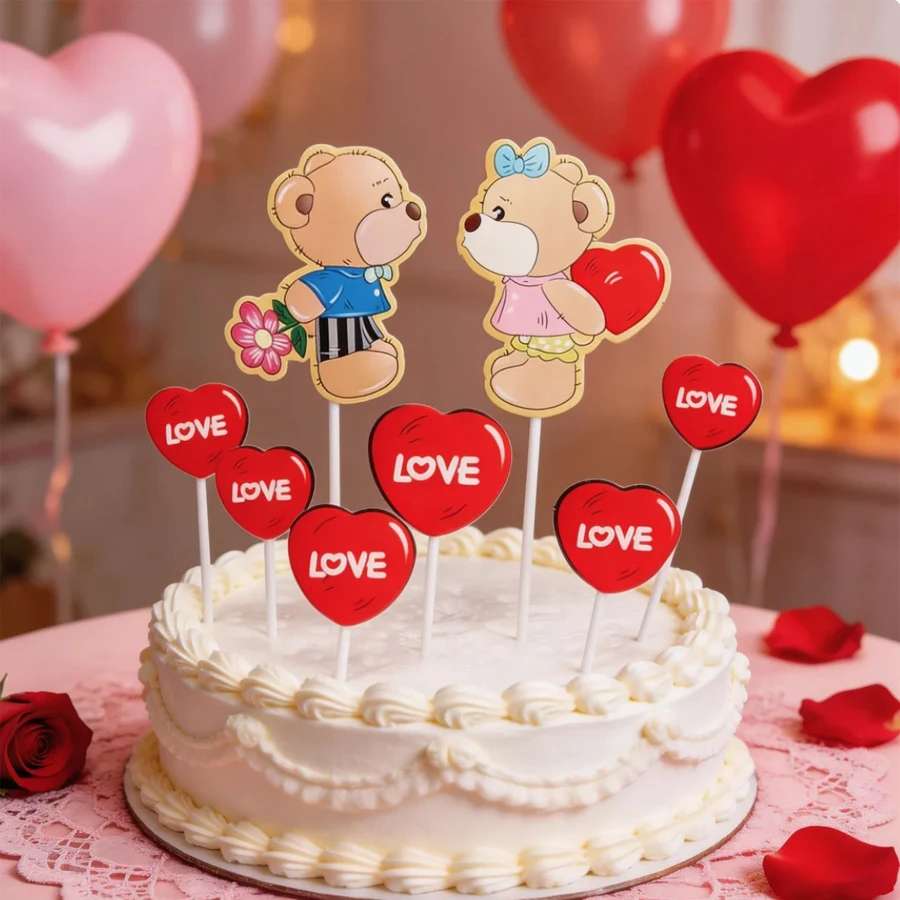 8Pcs Love Little Bear Cake Decoration Valentine's Day Couple Confession Kiss Girlfriend Birthday Baking Plugin