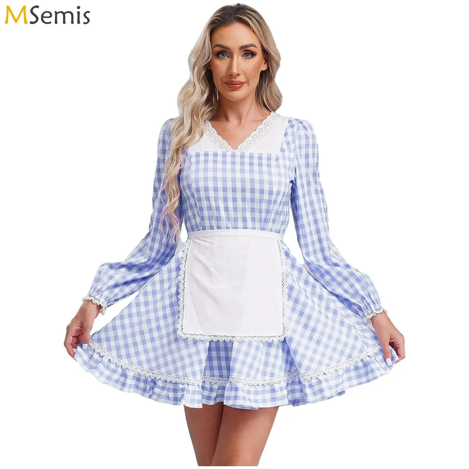 Women Doll Costume Margot Robbie Movie Cosplay Dress V Neck Long Sleeve Lace =Gingham Dress with Apron Barbi Role Play Costume