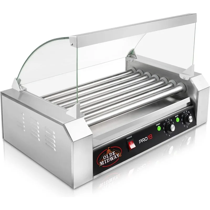 Olde Midway Electric 18 Hot Dog 7 Roller Grill Cooker Machine with Cover 900-Watt - Commercial Grade