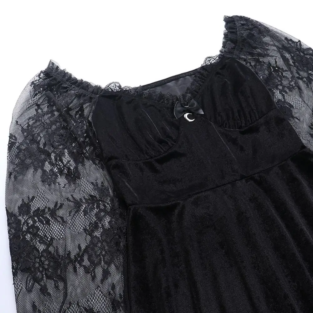 Transparent Long Sleeve Ruffle Mini Dress Vintage Patchwork Lace Trim Bodycon Dress Streetwear Flocking Velvet A-line Skirt