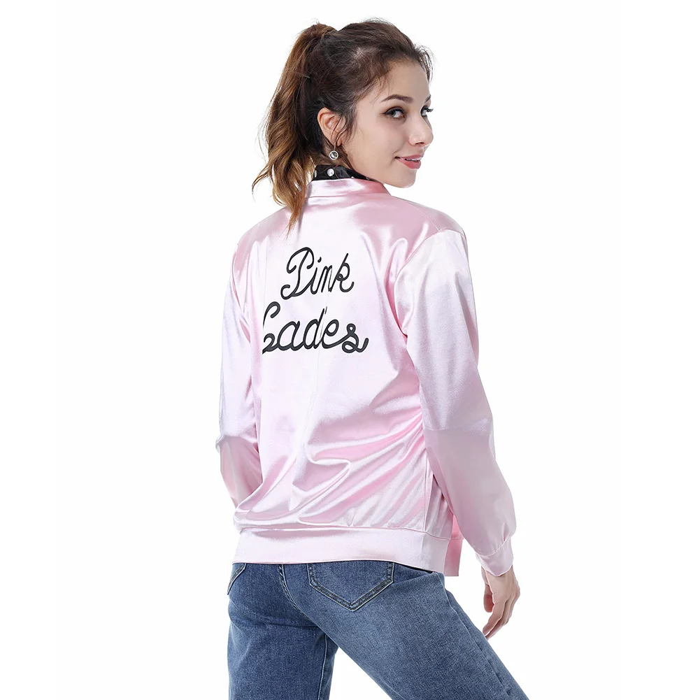 Movie Grease Costume Women Girls Pink Lady Jacket Costume Satin Baseball Coat Halloween Cheerleader Cosplay Coat For Adult Kids