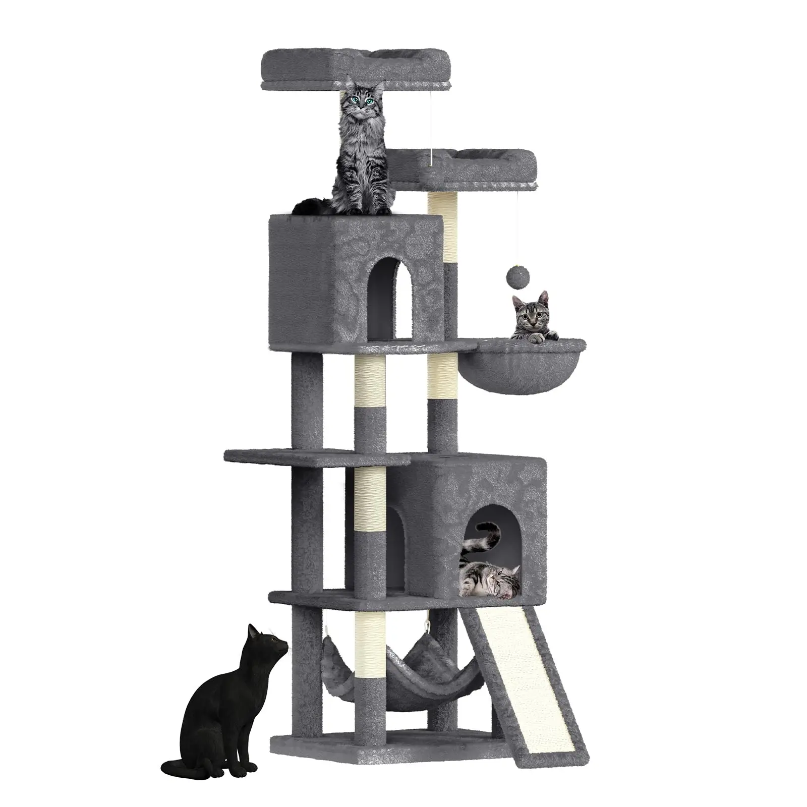 Dogat Katzenkratzbaum 158cm – Kletterturm mit 7 Kratzsäulen, 2 Häusern & 2 Hängematten, für Hauskatzen