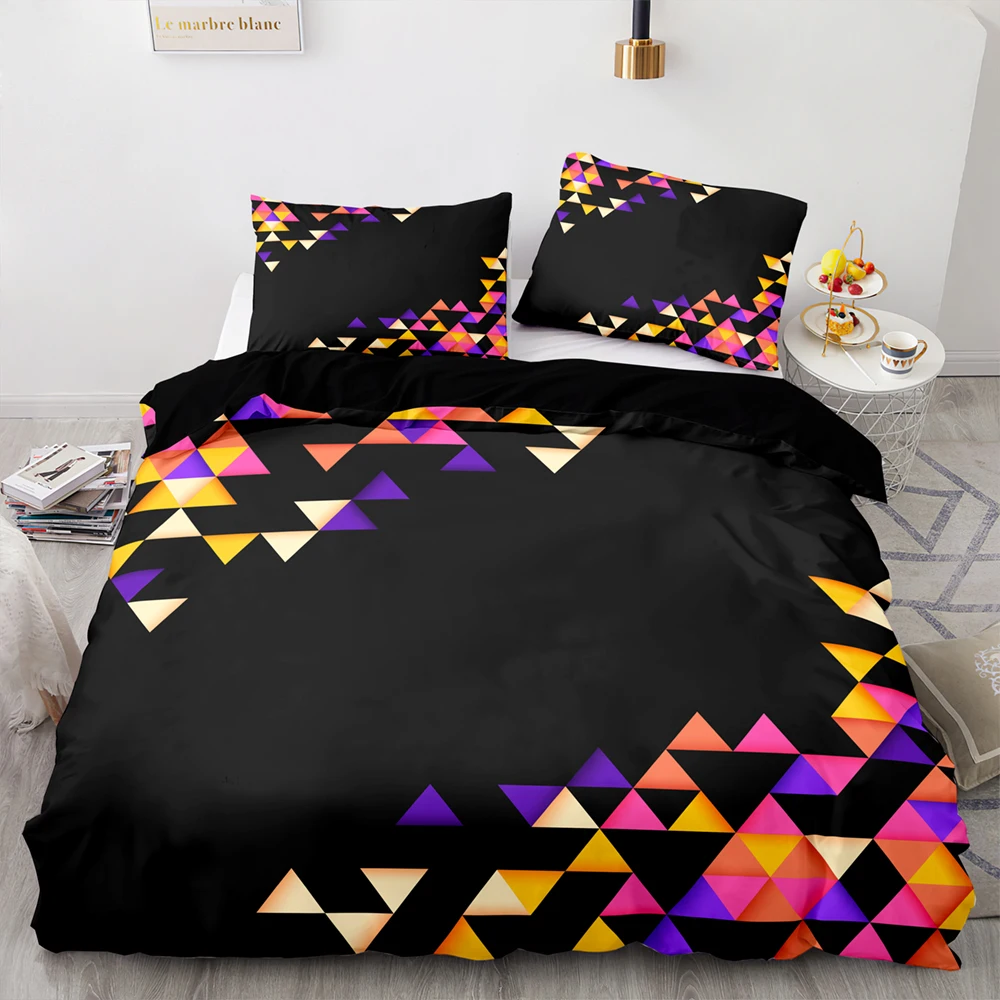 Red Glowing Polygonal Grid Pattern Bedding Set, 135×200 Duvet Cover Set With Pillowcase, 260×220 Quilt Cover，Black Blanket Cover