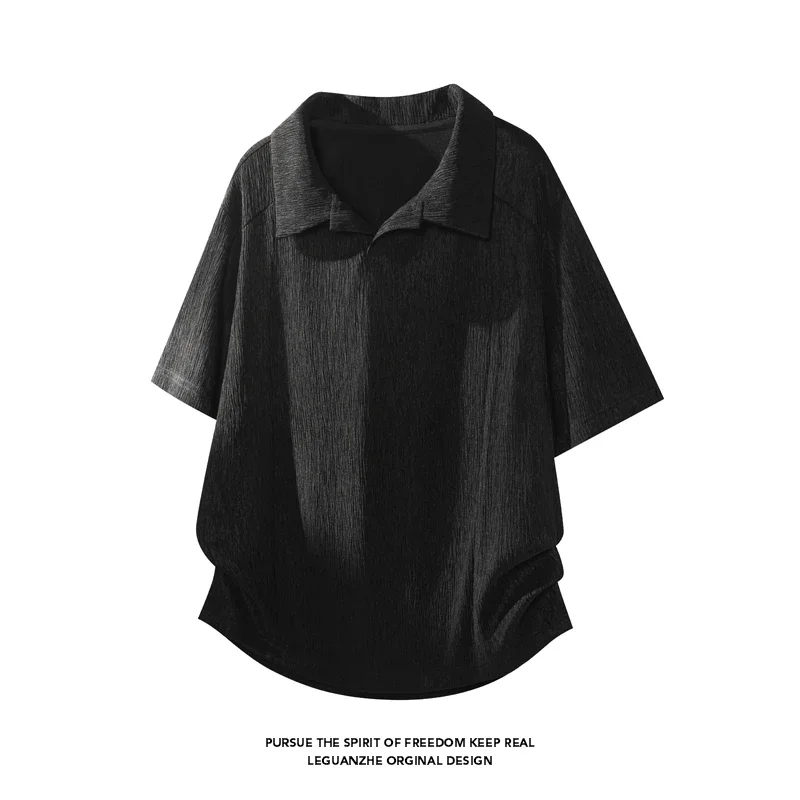 Men Breathable Crinkle Textured Short Sleeve Blouse Lapel Open V Neck Curved Hem Oversized Fit For Multi Occasion Dressing