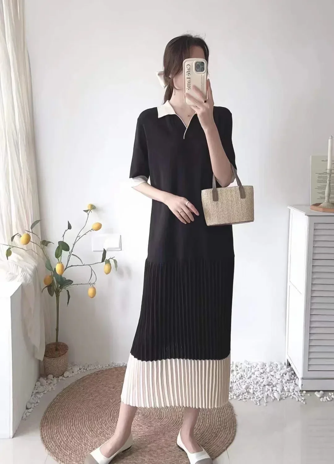 Korean Fashion Knitted summer dresses for women 2023 Casual Short Sleeve Polo Collar Contrast Color Pleated Long Dresses Vestido