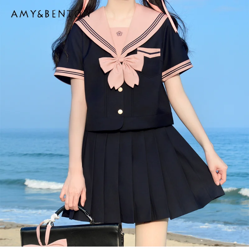 

Japanese JK Uniform Original Leisure Style Summer Pink Dark Blue Color Matching Short Sleeves Top Pleated Midi Skirt Suit Girls