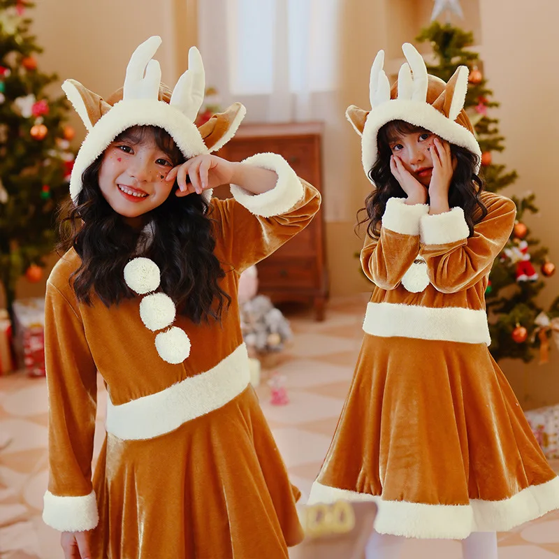 

Детская одежда, платье с изображением лося, юбка для детского сада, платья Санта-Клауса с длинными рукавами для девочек, рождественские костюмы на Хэллоуин
