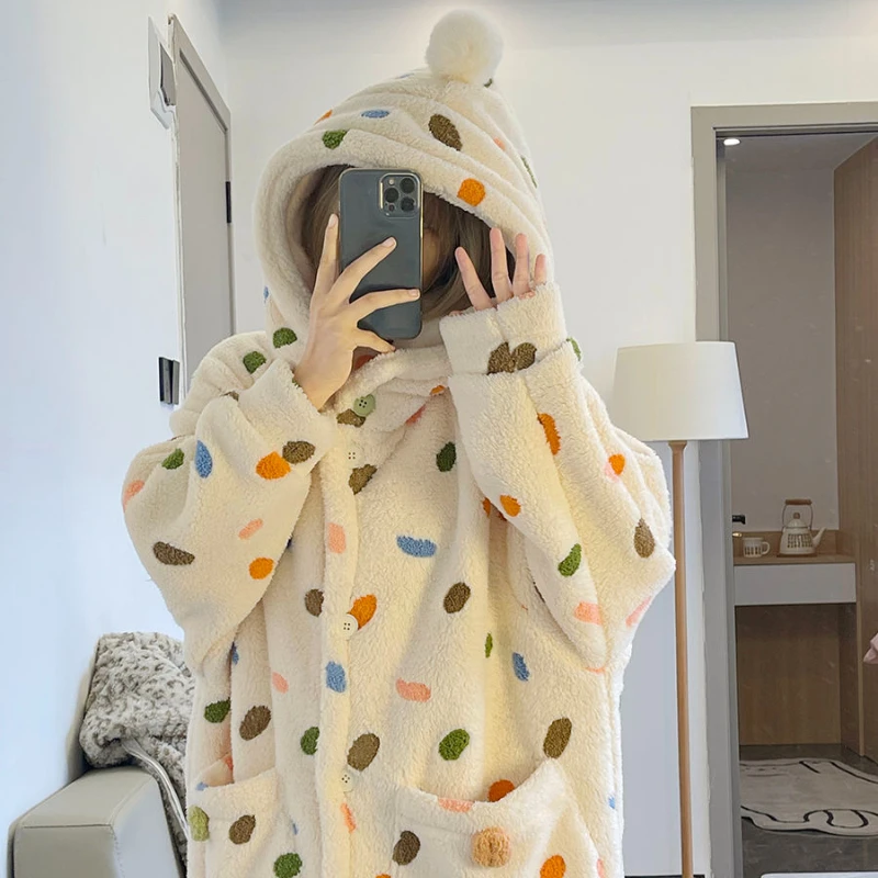 Sweet Cute Colorful Dots Hooded Long Night Gown Robe Coral Velvet Pajamas Women Winter Thickened Plush Bathrobe Kawaii Sleepwear