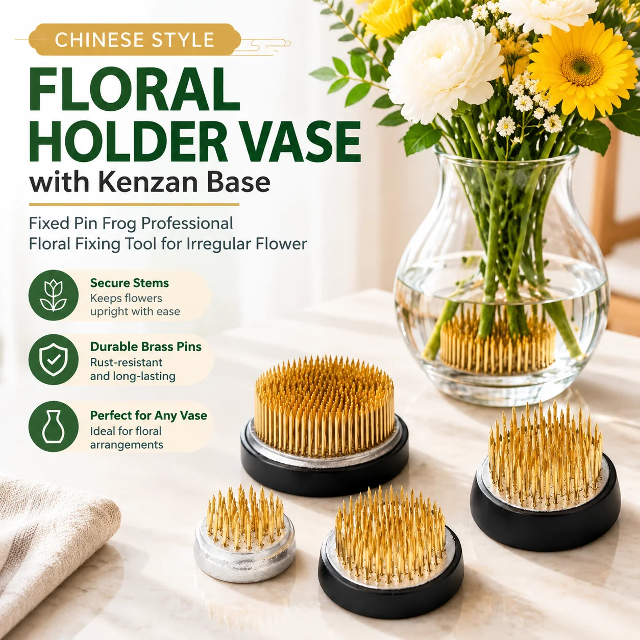 Chinese Style Floral Holder Vase with Kenzan Base Fixed Pin Frog Professional Floral Fixing Tool for Irregular Flower