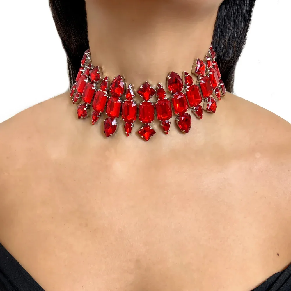 Stonefans Red Geometric Necklace for Women Y2k Wholesale Full Elegant Wedding Collar Torques 2024 Fashion Jewelry for Neck Gifts