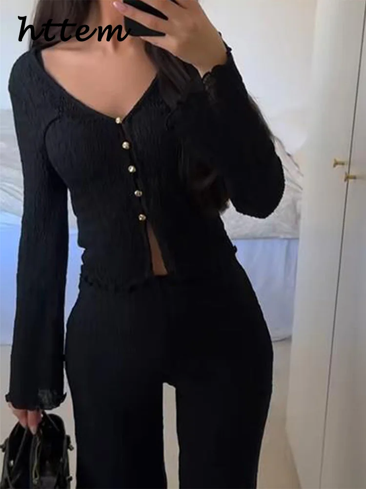 

Casual Pleated Shirts Pants Sets Women Slim V-neck Single Breasted Top High Waist Hip Package Pant 2025 Spring Summer Lady Suit