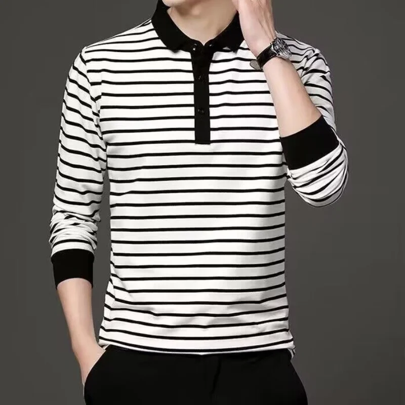 Spring and Autumn New Men\'s Long Sleeve T-shirt with Polo Collar Black and White Stripes Top Youth Casual Male Comfortable Shirt