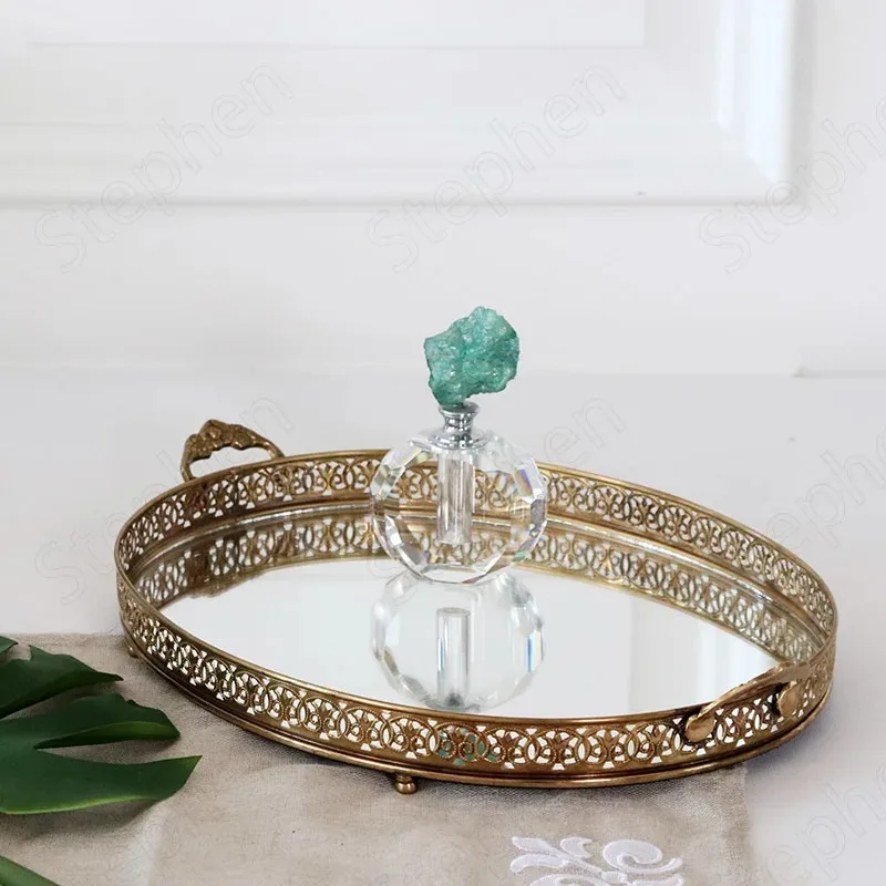 Vintage Brass Mirror Trays Decorative European Relief Craft Jewelry Necklace Display Tray Fruit Plate Living Room Decoration