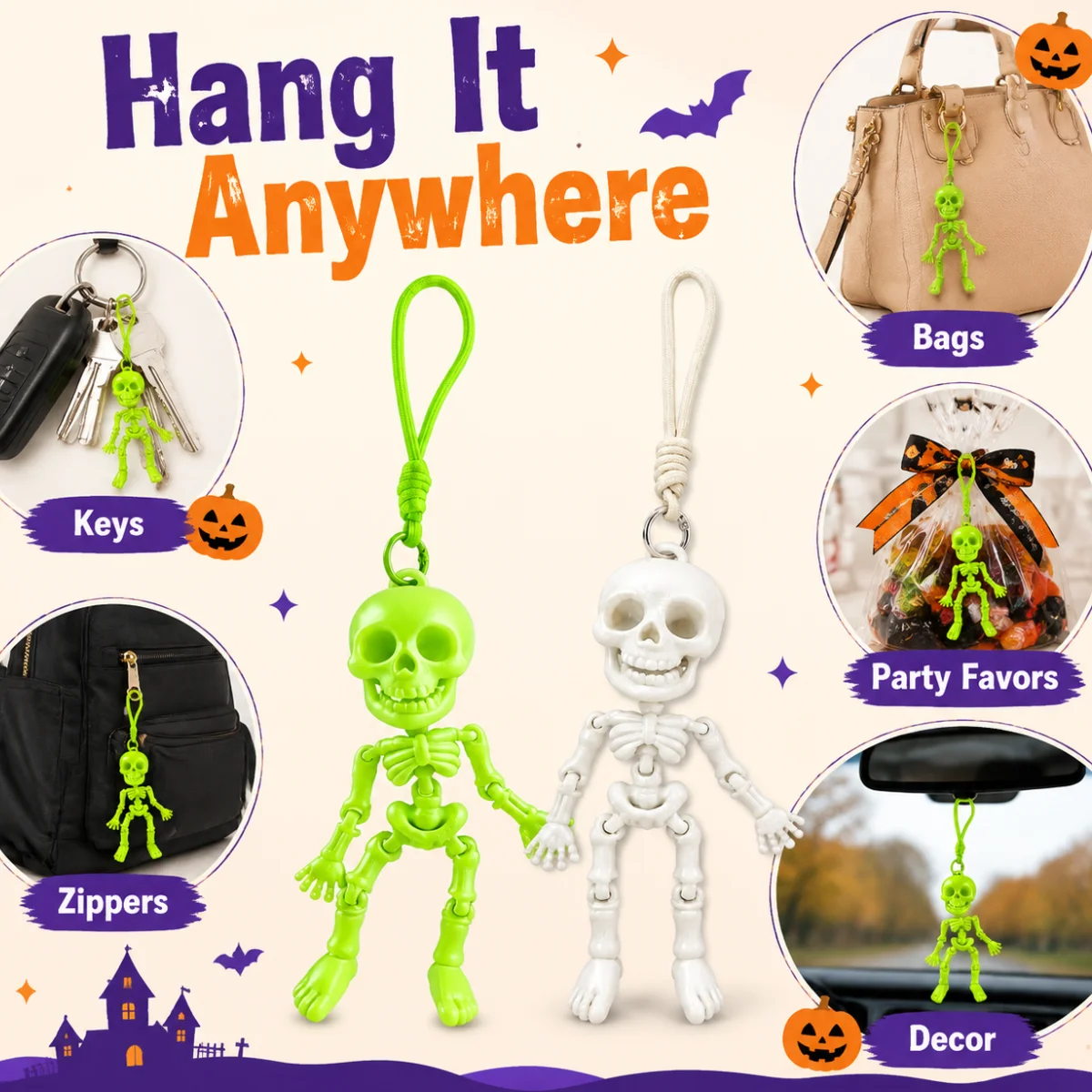 1Pc Eco Friendly 3D Printing PLA Key Charm, Flexible Movable Joint Skeleton Design,Halloween Skeleton Bag Hanging Ornament
