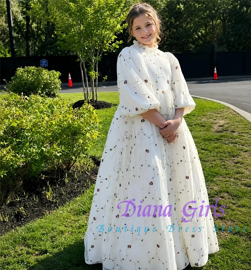 Quality Elegant Flower Girl Dress White Printed Fabric Fluffy Pleated Design for Kids Wedding Birthday Party Evening Ball Gowns