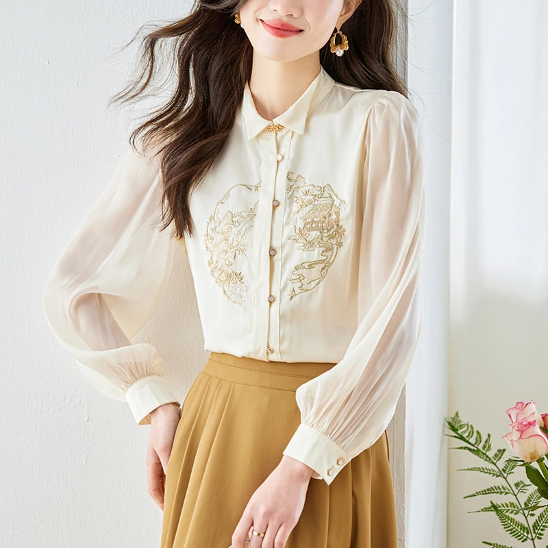 QOERLIN Chinese Style Improved Hanfu Elegant Embroidered Floral Tops Shirts Luxury OL Button Up Loose Casual Long Sleeve Blouse