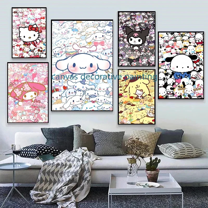 

Japan Cartoon Sanrio Cute Hello Kitty Anime Kawaii Wall Art Picture Kawaii Cat Manage for Nursery Kids, Girl Room Decor Prints
