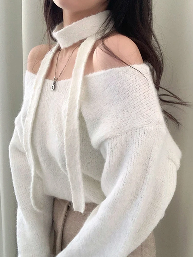 French sle High-Grade V-neck off-Shoulder Hanging Neck Sweater Women Korean Sle Autumn and Winter Loose Long sleeve off-S...