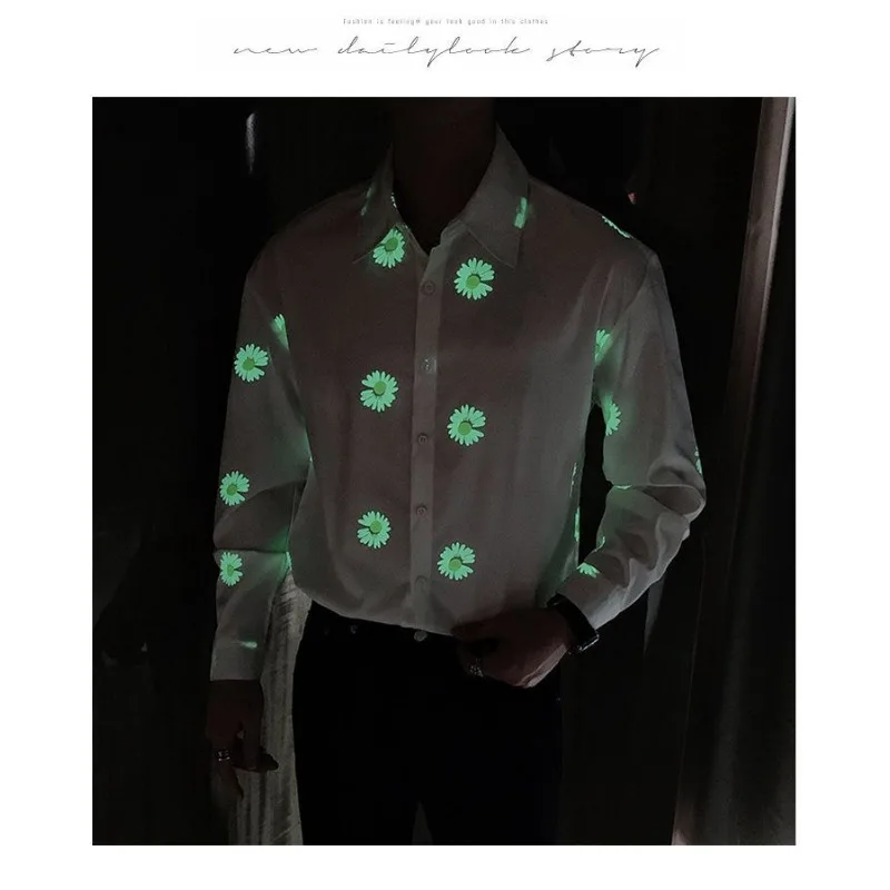 الرجال الأشعة فوق البنفسجية رد الفعل قميص طويل الأكمام توهج الحرارة تضيء الخريف أزياء مريحة تناسب ديزي طباعة عاكسة الملابس ارتداء اليومي