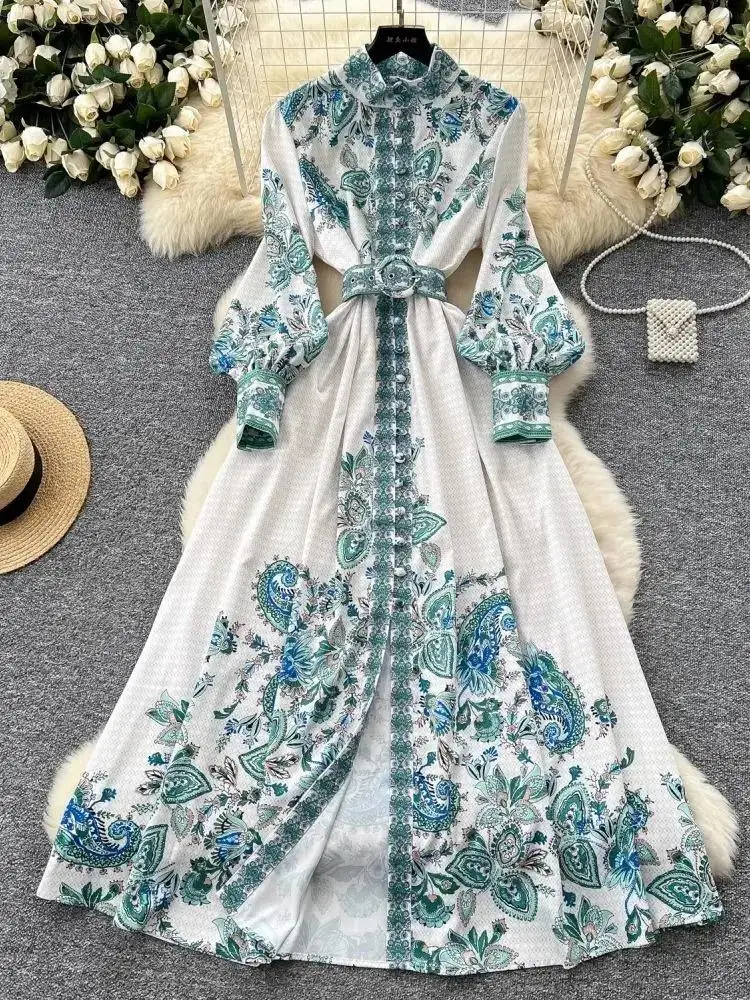 女性用磁器マキシドレス,赤,青,白,スタンドアップカラー,シングルブレスト,ベルト,ロングドレス,ルーズフィット,春と秋の休暇