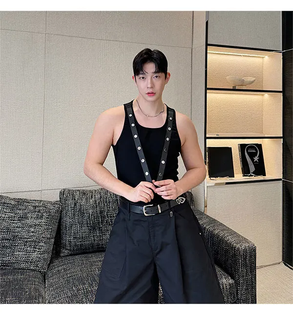 2024 Men's Summer Solid Color Vests Metal Buckle Round Neck Pullover Thin Knitted Tight Tank Tops Trendy Male Sleeveless Vest