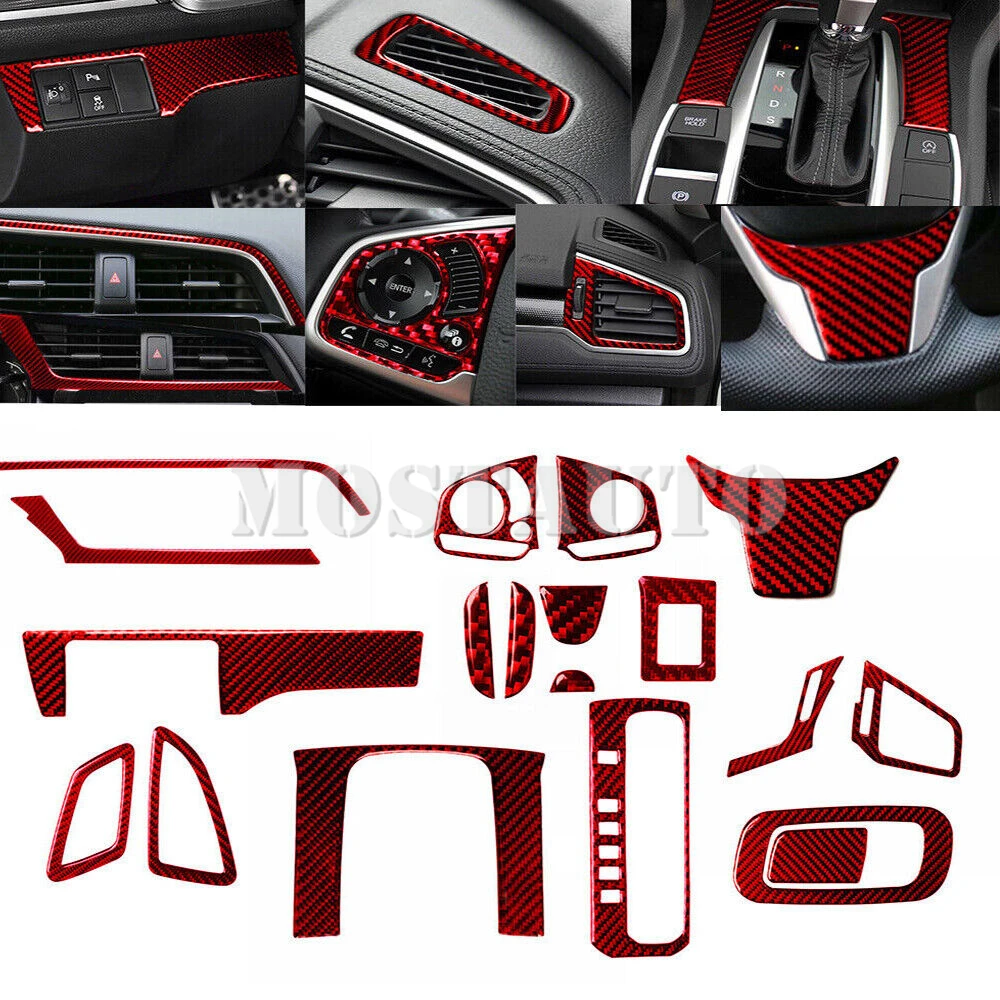 

For Honda Civic Red Carbon Fiber Interior Accessories Kit Cover Trim 2016-2021 19pcs Interior Whole Kit
