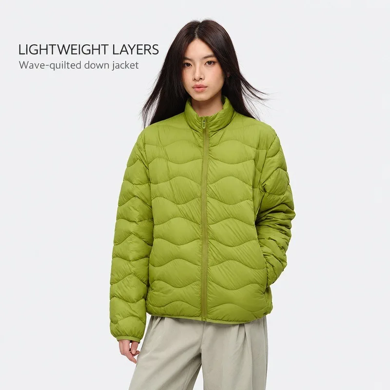 Womens Lightweight Down Jacket Polyamide Stand Collar Wave Quilted Zip Front Long Sleeve Casual Short Coat Autumn Winter Layers