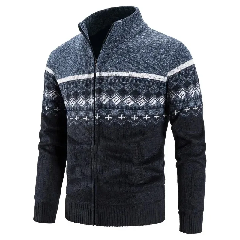 Sweater kasual pria, jaket kardigan ritsleting Jacquard, Sweater Turtleneck musim dingin 2024