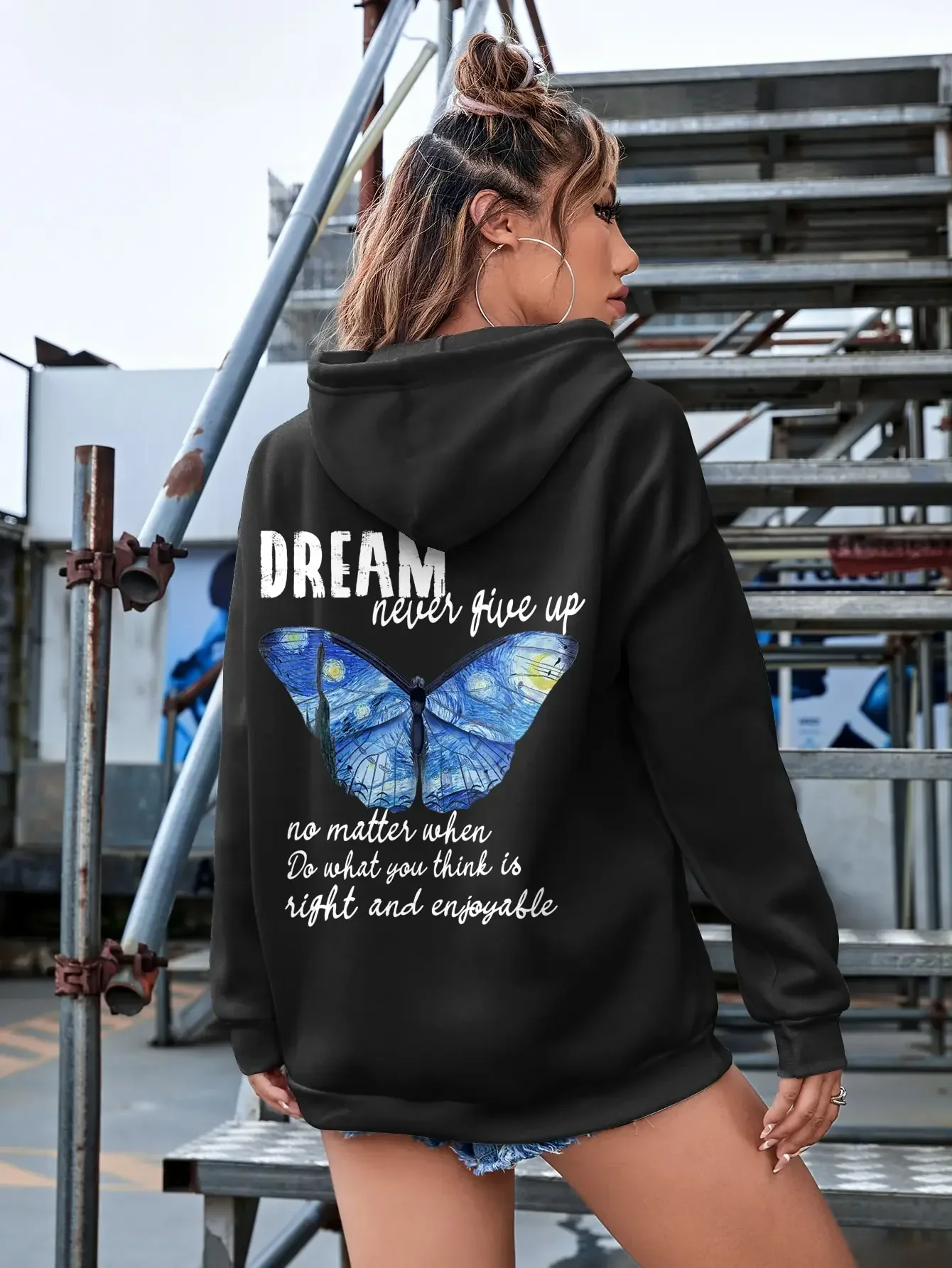 Dream Cartoons Oil Painting Butterfly Printed Hoody Woman Fashion Fleece Sweatshirt Casual Hooded Autumn Hip Hop Women Top