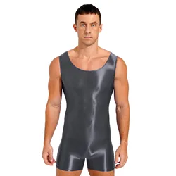 Swimwear Mens Glossy Stretchy Swimsuit One Piece Bodybuilding Gym Fitness Sleeveless U Neck Tank Leotard Swim Bodysuit Jumpsuit