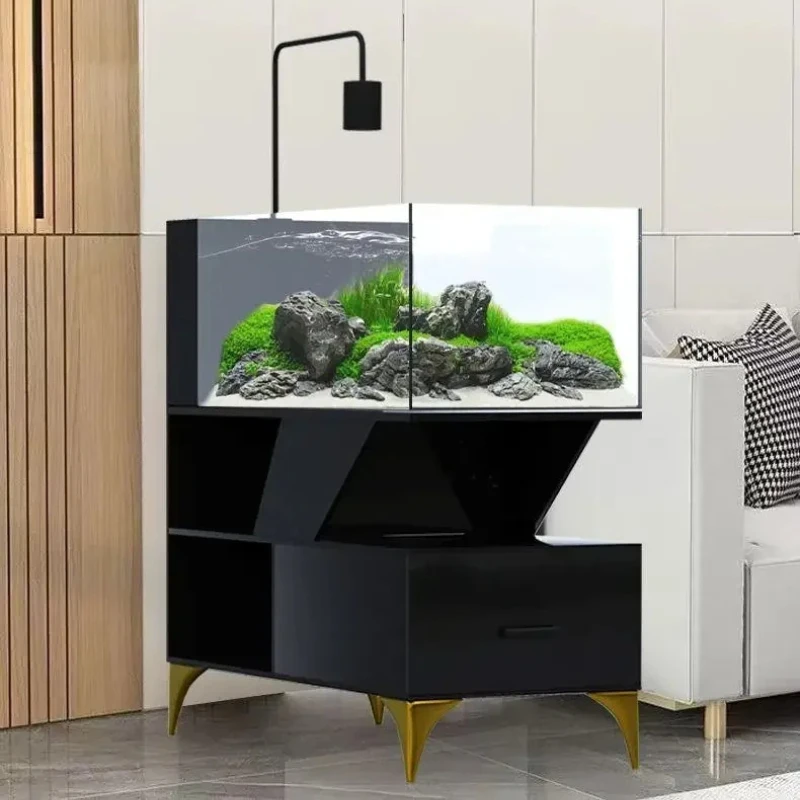 

Fish tank living room innovative integrated circulation side filter bottom cabinet ultra-white glass crystal stream view