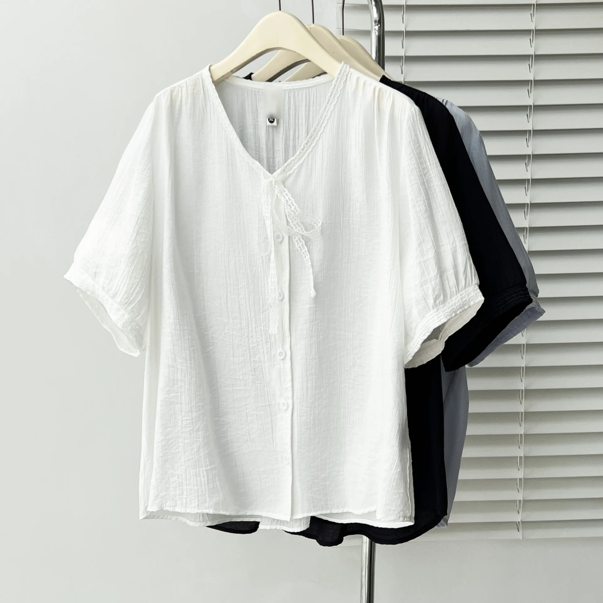 2026 Summer Plus Size Women Shirt Ruffle V Neck Tie Short Sleeve Open Blouse Simple Versatile Fashion Tops For Curvy Ladies 811 view 5