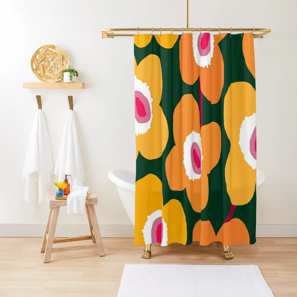 

Iconic Retro Scandinavian Floral Pattern in Orange and Green Shower Curtain Waterproof Shower And Anti-Mold Cute Shower Curtain