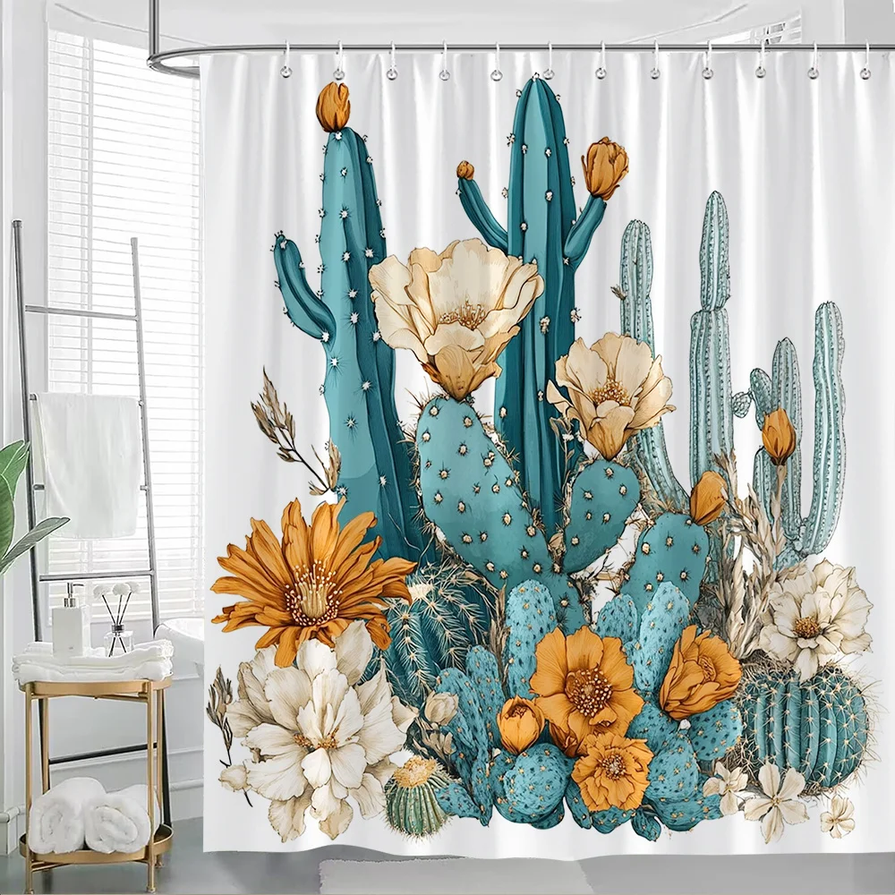 

1 шт., яркая синяя занавеска для душа с цветочным рисунком кактуса и оранжевыми и кремовыми цветами — элегантный декор для ванной комнаты на тему природы, 70,8x70,8 дюйма,