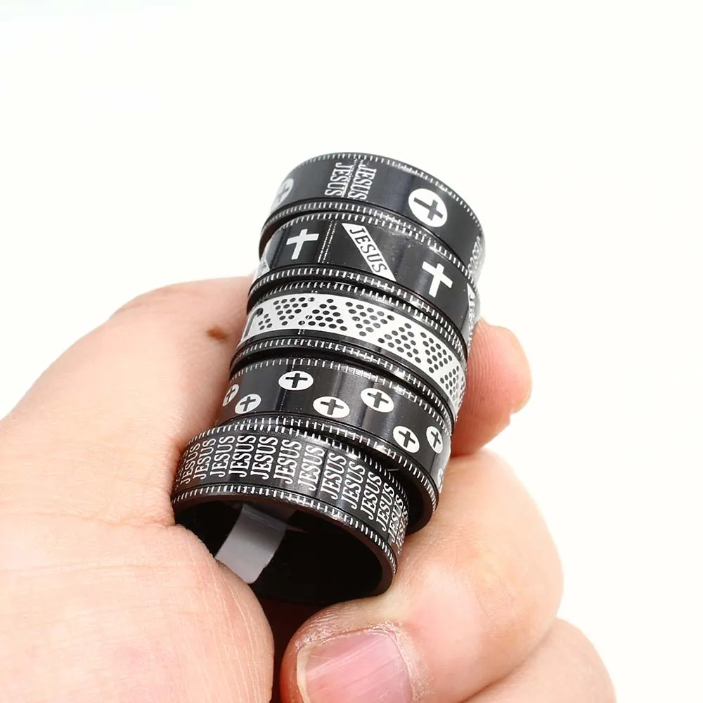 

36pcs/Box Mixed Size 17-21 Stainless Steel Black Finger Ring Jesus Printing With Cross Pattern Fit Women Men Punk Jewelry Gifts