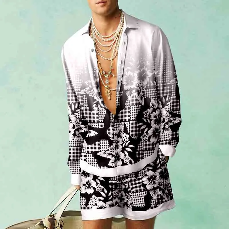 Conjuntos de camisa con estampado 3D de patrón botánico para hombre, camisas casuales de moda, pantalones cortos de playa de gran tamaño, ropa de