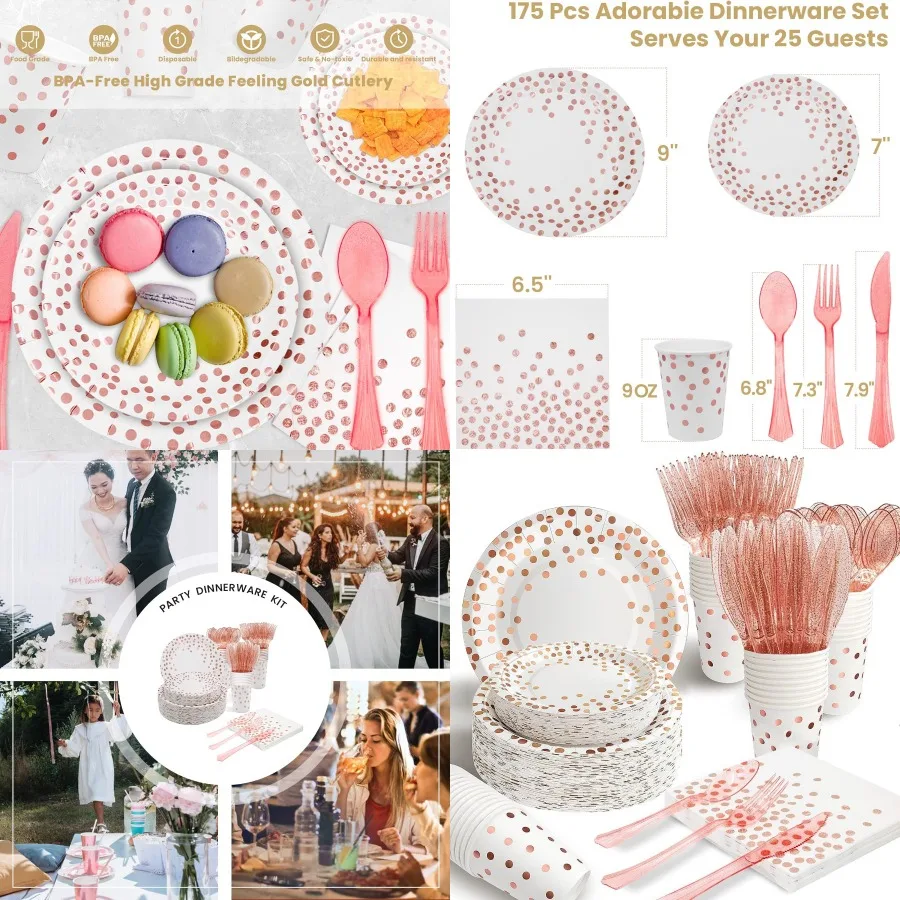 175Pcs White Rose Gold Paper Plates Dinnerware Sets for 25 Guests Party Supplies Disposable Paper Party Plates Napkins Cups Pla