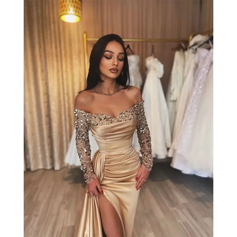 Robe de Soirée Sirène à Paillettes pour Femme, Tenue de Bal Sexy, Champagne, Manches sulf