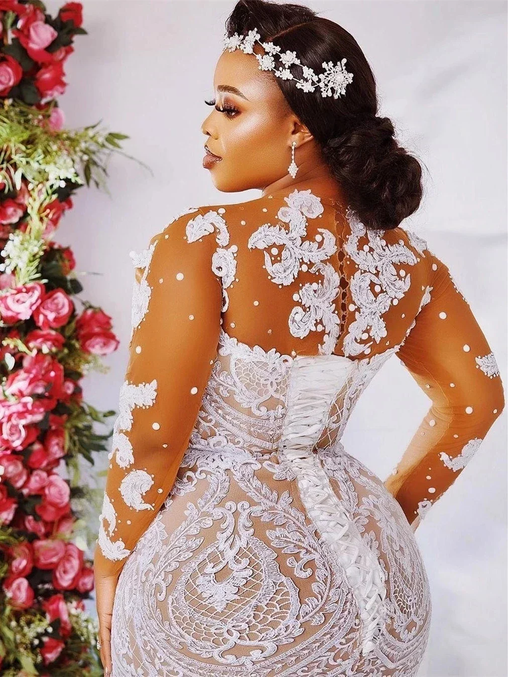 Angepasst Plus Größe Arabisch Spitze Meerjungfrau Hochzeit Sheer Neck Volle Ärmel Applikationen Brautkleid Illusion Aso Ebi Vestido De Novi